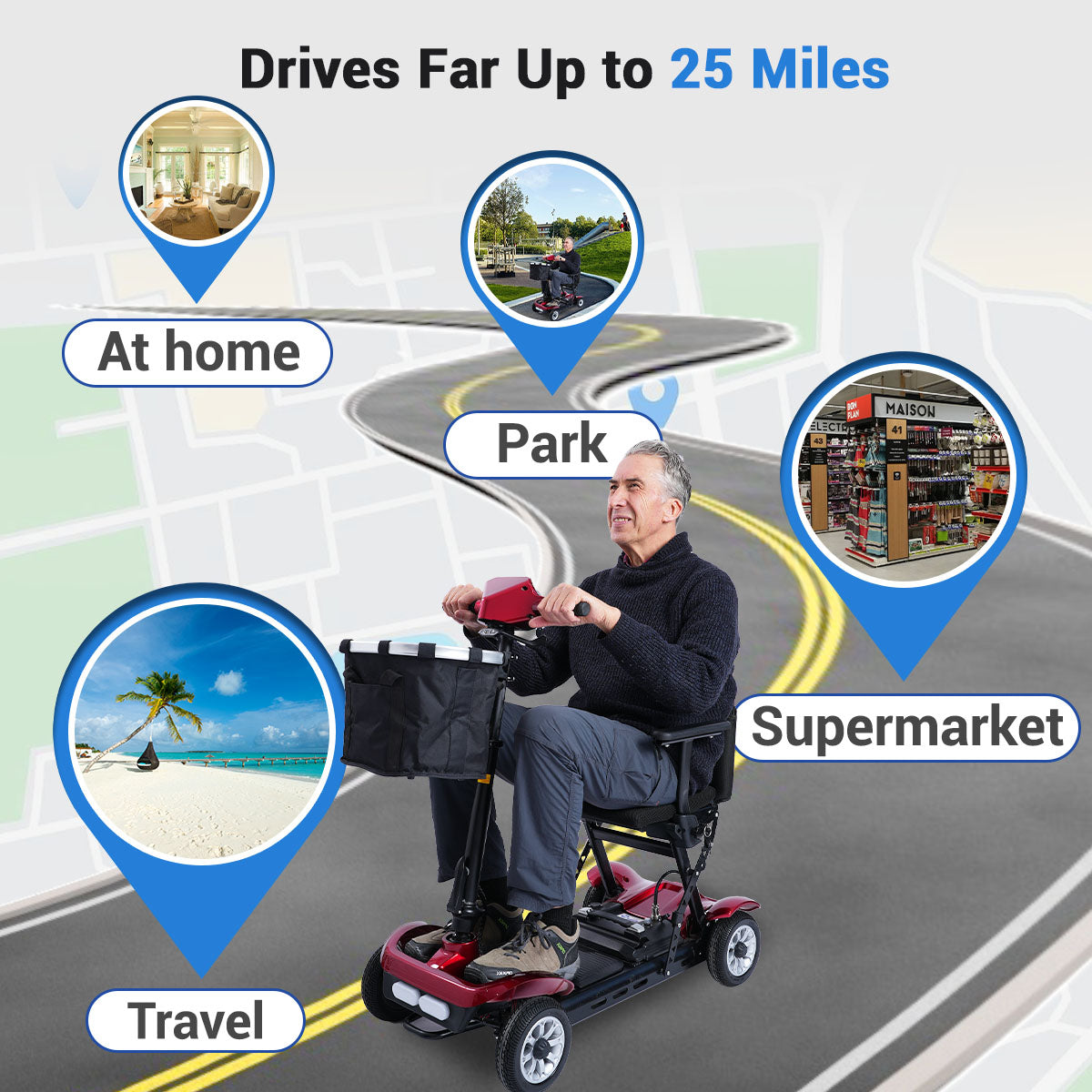 Aotedor 4 Wheel Power Scooter for Senior,25 Miles Lightweight Durable All Terrain Foldable Mobility Scooter